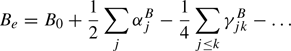 Mathematical equation: $$ \begin{aligned} B_e = B_0 + \frac{1}{2}\sum _{j} \alpha _j^B - \frac{1}{4}\sum _{j \le k} \gamma _{jk}^B - \ldots \end{aligned} $$