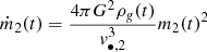 Mathematical equation: $$ \begin{aligned} \dot{m}_2 (t) = \frac{4\pi G^2 \rho _{ g}(t)}{{ v}_{\bullet ,2}^{3}} m_2(t)^2 \end{aligned} $$