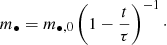Mathematical equation: $$ \begin{aligned} m_\bullet = m_{\bullet ,0} \left(1 - \frac{t}{\tau }\right)^{-1}\cdot \end{aligned} $$