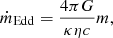 Mathematical equation: $$ \begin{aligned} \dot{m}_{\rm Edd} = \frac{4\pi G }{\kappa \eta c}m, \end{aligned} $$