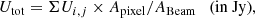 $$ \begin{aligned}&U_{\rm tot} = \Sigma U_{i,j} \times A_{\rm pixel}/A_{\rm Beam} \quad \text{(in} \text{ Jy)}, \end{aligned} $$