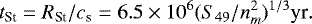 \begin{equation*} t_{\textrm{St}}= R_{\textrm{St}}/c_{\textrm{s}} = 6.5\times10^6 (S_{49}/n_m^2)^{1/3} \textrm{yr}.\end{equation*}