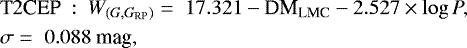 \begin{equation*} \begin{split} &\textrm{T2CEP~}:~W_{(G, G_{\textrm{RP}})} =\;17.321 - \textrm{DM}_{\textrm{LMC}} -2.527 \times \log P,~~~ \\ &\sigma=\;0.088~\textrm{mag}, \end{split}\end{equation*}