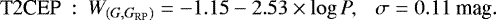 \begin{equation*} \textrm{T2CEP~}:~W_{(G, G_{\textrm{RP}})} = -1.15 -2.53 \times \log P,~~~ \sigma=0.11~\textrm{mag}.\end{equation*}