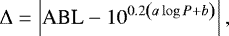 \begin{equation*} \Delta = \left| \textrm{ABL} - 10^{0.2\left(a\log P &#x002B; b \right)} \right| ,\end{equation*}