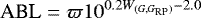 \begin{equation*} \textrm{ABL} = \varpi 10^{0.2 W_{(G, G_{\textrm{RP}})} -2.0}\end{equation*}