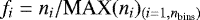 $f_i = n_i/\textrm{MAX}(n_i)_{\left(i=1, n_{\textrm{bins}}\right)}$