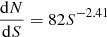 $ \frac{\mathrm{d}N}{\mathrm{d}S} = 82 S^{-2.41} $