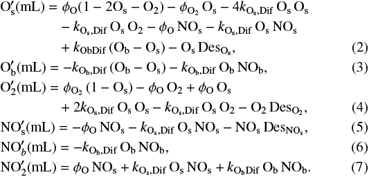 \begin{align*} &\textrm{O}_{\textrm{s}}&#x0027;(\textrm{mL}) = \phi_{\textrm{O}} (1 - 2\textrm{O}_{\textrm{s}} - \textrm{O}_{2}) - \phi_{\textrm{O}_{2}} \, \textrm{O}_{\textrm{s}} - 4 k_{\textrm{O_s,Dif}}\,\textrm{O}_{\textrm{s}}\,\textrm{O}_{\textrm{s}}\nonumber\\ & \qquad\qquad-k_{\textrm{O_s,Dif}}\,\textrm{O}_{\textrm{s}}\,\textrm{O}_{2}- \phi_{\textrm{O}} \, \textrm{NO}_{\textrm{s}} -k_{\textrm{O_s,Dif}}\,\textrm{O}_{\textrm{s}}\,\textrm{NO}_{\textrm{s}} \nonumber\\ & \qquad\qquad&#x002B; k_{\textrm{ObDif}}\, (\textrm{O}_{\textrm{b}} - \textrm{O}_{\textrm{s}})- \textrm{O}_{\textrm{s}} \,\textrm{Des}_{\textrm{O}_{\textrm{s}}},\\ &\textrm{O}_{\textrm{b}}&#x0027;(\textrm{mL}) = -k_{\textrm{O_b,Dif}}\, (\textrm{O}_{\textrm{b}} - \textrm{O}_{\textrm{s}}) - k_{\textrm{O_b,Dif}}\, \textrm{O}_{\textrm{b}}\,\textrm{NO}_{\textrm{b}},\\ &\textrm{O}_{2}&#x0027;(\textrm{mL}) = \phi_{\textrm{O}_{2}} \, (1-\textrm{O}_{\textrm{s}}) - \phi_{\textrm{O}} \, \textrm{O}_2 &#x002B; \phi_{\textrm{O}} \, \textrm{O}_{\textrm{s}}\nonumber\\ & \qquad\qquad&#x002B; 2 k_{\textrm{O_s,Dif}}\,\textrm{O}_{\textrm{s}}\,\textrm{O}_{\textrm{s}} - k_{\textrm{O_s,Dif}}\,\textrm{O}_{\textrm{s}}\,\textrm{O}_{2} - \textrm{O}_{2} \,\textrm{Des}_{\textrm{O}_{2}},\\ &\textrm{NO}_{\textrm{s}}&#x0027;(\textrm{mL}) = - \phi_{\textrm{O}} \, \textrm{NO}_{\textrm{s}} - k_{\textrm{O_s,Dif}}\,\textrm{O}_{\textrm{s}}\,\textrm{NO}_{\textrm{s}} - \textrm{NO}_{\textrm{s}} \,\textrm{Des}_{\textrm{NO_s}},\\ & \textrm{NO}_b&#x0027;(\textrm{mL}) = - k_{\textrm{O_b,Dif}}\, \textrm{O}_{\textrm{b}}\,\textrm{NO}_{\textrm{b}},\\ &\textrm{NO}_2&#x0027;(\textrm{mL}) = \phi_{\textrm{O}}\, \textrm{NO}_{\textrm{s}} &#x002B; k_{\textrm{O_s,Dif}}\,\textrm{O}_{\textrm{s}}\,\textrm{NO}_{\textrm{s}} &#x002B; k_{\textrm{O_{b}Dif}}\, \textrm{O}_{\textrm{b}}\,\textrm{NO}_{\textrm{b}}. \end{align*}
