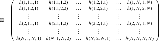 $$ \begin{aligned} { \mathbf {H}= \left( \begin{array}{cccccc} h(1,1,1,1)&h(1,1,1,2)&\ldots&h(1,2,1,1)&\ldots&h(1,N,1,N) \\ h(1,1,2,1)&h(1,1,2,2)&\ldots&h(1,2,2,1)&\ldots&h(1,N,2,N) \\ \vdots&\vdots&\vdots&\vdots&\vdots&\vdots \\ h(2,1,1,1)&h(2,1,1,2)&\ldots&h(2,2,1,1)&\ldots&h(2,N,1,N) \\ \vdots&\vdots&\vdots&\vdots&\vdots&\vdots \\ h(N,1,N,1)&h(N,1,N,2)&\ldots&h(N,2,N,1)&\ldots&h(N,N,N,N) \\ \end{array} \right)} \end{aligned} $$