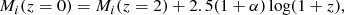 $$ \begin{aligned} M_{i}(z=0) = M_{i}(z=2)+2.5(1+\alpha )\log (1+z) , \end{aligned} $$
