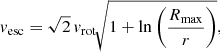 $$ \begin{aligned} v_{\rm {esc}} = \sqrt{2}\, v_{\rm{rot}}\, \root \of {1+\ln \left( \frac{R_{\rm max}}{r}\right)}, \end{aligned} $$