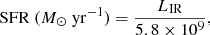 Mathematical equation: $$ \begin{aligned} \mathrm{SFR}~{(M_{\odot }~\mathrm{yr}^{-1})} = \frac{L_{\rm IR}}{5.8\times 10^{9}} , \end{aligned} $$