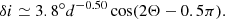 $$ \begin{aligned} \delta i \simeq 3.8^\circ d^{-0.50} \cos (2\Theta - 0.5\pi ). \end{aligned} $$
