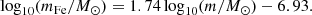 $$ \begin{aligned} \log _{10}(m_{\rm Fe}/M_\odot ) = 1.74\log _{10}(m/M_\odot ) - 6.93. \end{aligned} $$