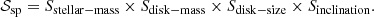 $$ \begin{aligned} {\mathcal{S} }_{\rm sp} = S_{\rm stellar-mass} \times S_{\rm disk-mass} \times S_{\rm disk-size} \times S_{\rm inclination} .\end{aligned} $$