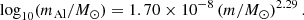 $$ \begin{aligned} \log _{10}(m_{\rm Al}/M_\odot ) = 1.70\times 10^{-8} \left( m/M_\odot \right)^{2.29}. \end{aligned} $$