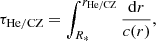 $$ \begin{aligned} \tau _\mathrm{He/CZ} =\int ^{r_\mathrm{He/CZ} }_{R_*}\frac{\mathrm{d}r}{c(r)}, \end{aligned} $$