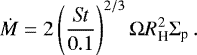 \begin{equation*} \dot{M} = 2 \left( \frac{\textit{St}}{0.1} \right)^{2/3} \Omega R_{\textrm{H}}^2 \Sigma_{\textrm{p}} \, .\end{equation*}