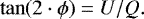 Mathematical equation: \begin{equation*} \tan( 2 \cdot \phi) = {U/Q}.\end{equation*}