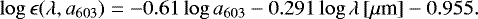 Mathematical equation: \begin{equation*}\log \epsilon (\lambda, a_{603}) = -0.61 \log a_{603} - 0.291 \log \lambda\,[\mu {\textrm{m}}] - 0.955. \end{equation*}