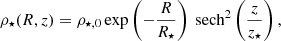 Mathematical equation: $$ \begin{aligned} \rho _\star (R,z) = \rho _{\star ,0} \exp \left( - \frac{R}{R_\star } \right) \text{ sech}^2 \left(\frac{z}{z_\star } \right) , \end{aligned} $$