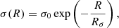 Mathematical equation: $$ \begin{aligned} \sigma (R) = \sigma _{0} \exp \left( -\frac{R}{R_\sigma } \right) , \end{aligned} $$