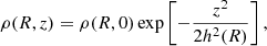 Mathematical equation: $$ \begin{aligned} \rho (R,z) = \rho (R,0) \exp \left[ - \frac{z^2}{2 h^2 (R)} \right], \end{aligned} $$