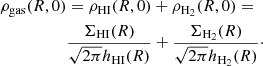 Mathematical equation: $$ \begin{aligned} \begin{split} \rho _\mathrm{gas} (R,0)&= \rho _\mathrm{HI} (R,0) + \rho _\mathrm{H_2} (R,0) =\\&\frac{\Sigma _\mathrm{HI} (R)}{\sqrt{2 \pi } h_\mathrm{HI} (R)} + \frac{\Sigma _\mathrm{H_2} (R)}{\sqrt{2 \pi } h_\mathrm{H_2} (R)}\cdot \end{split} \end{aligned} $$