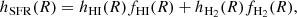Mathematical equation: $$ \begin{aligned} h_\mathrm{SFR} (R) = h_\mathrm{HI} (R) f_\mathrm{HI} (R) + h_{\mathrm{H} _2}(R) f_{\mathrm{H} _2}(R) , \end{aligned} $$