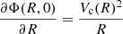 Mathematical equation: $ \frac{\partial \Phi(R,0)}{\partial R} = \frac{V_{\mathrm{c}}(R)^2}{R} $