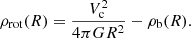 Mathematical equation: $$ \begin{aligned} \rho _\mathrm{rot} (R) = \frac{V_\mathrm{c} ^2}{4 \pi G R^2} - \rho _\mathrm{b} (R) . \end{aligned} $$