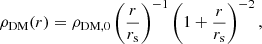 Mathematical equation: $$ \begin{aligned} \rho _\mathrm{DM} (r) = \rho _\mathrm{DM,0} \left(\frac{r}{r_\mathrm{s} } \right)^{-1} \left( 1 + \frac{r}{r_\mathrm{s} } \right)^{-2}, \end{aligned} $$