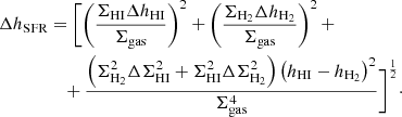Mathematical equation: $$ \begin{aligned} \begin{split} \Delta h_\mathrm{SFR}&= \Biggl [ \left( \frac{\Sigma _\mathrm{HI} \Delta h_\mathrm{HI} }{\Sigma _\mathrm{gas} } \right)^2+ \left( \frac{\Sigma _\mathrm{H_2} \Delta h_\mathrm{H_2} }{\Sigma _\mathrm{gas} } \right)^2+ \\&\quad + \frac{ \left( \Sigma _\mathrm{H_2} ^2 \Delta \Sigma _\mathrm{HI} ^2 + \Sigma _\mathrm{HI} ^2 \Delta \Sigma _\mathrm{H_2} ^2 \right) \left( h_\mathrm{HI} - h_\mathrm{H_2} \right)^2}{ \Sigma _\mathrm{gas} ^4} \Biggr ]^{\frac{1}{2}}\cdot \end{split} \end{aligned} $$