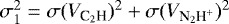 $\mathrm{\sigma}_1^2=\mathrm{\sigma}(V_{\textrm{C}_2\textrm{H}})^2&#x002B;\mathrm{\sigma}(V_{\textrm{N}_2\textrm{H}^&#x002B;})^2$