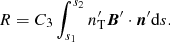 Mathematical equation: $$ \begin{aligned} R = C_3\int _{s_1}^{s_2}n_{\rm T}^\prime {\boldsymbol{B}}^\prime \cdot {\boldsymbol{n}}^\prime \mathrm{d} {s}. \end{aligned} $$