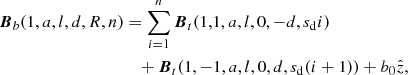 Mathematical equation: $$ \begin{aligned} {\boldsymbol{B}}_{b}(1,a,l,d,R,n)&= \sum _{i=1}^{n}{\boldsymbol{B}}_t(1,1,a,l,0,-d,s_{\rm d} i)\\ \nonumber&\quad + {\boldsymbol{B}}_t(1,-1,a,l,0,d,s_{\rm d}(i+1)) + b_0\hat{z}, \end{aligned} $$