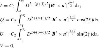 Mathematical equation: $$ \begin{aligned}&I = C_1\int _{s_1}^{s_2}D^{2+(p+1)/2}\vert {\boldsymbol{B}}^\prime \times {\boldsymbol{n}}^\prime \vert ^{\frac{p+1}{2}}\mathrm{d} {s},\\ \nonumber&Q= C_2 \int _{s_1}^{s_2}D^{2+(p+1)/2}\vert {\boldsymbol{B}}^\prime \times {\boldsymbol{n}}^\prime \vert ^{\frac{p+1}{2}}\cos (2\zeta )\mathrm{d} {s},\\ \nonumber&U= C_2 \int _{s_1}^{s_2}D^{2+(p+1)/2}\vert {\boldsymbol{B}}^\prime \times {\boldsymbol{n}}^\prime \vert ^{\frac{p+1}{2}}\sin (2\zeta )\mathrm{d} {s},\\ \nonumber&V = 0, \end{aligned} $$