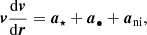 $$ \begin{aligned} \boldsymbol{v}\frac{{\mathrm{{d}}\boldsymbol{v}}}{{\mathrm{{d}}{\boldsymbol{r}}}} = \boldsymbol{a}_{{\star }} + \boldsymbol{a}_{\bullet } + \boldsymbol{a}_{\mathrm{ni} }, \end{aligned} $$