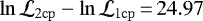 Mathematical equation: $\ln \mathcal{L}_{\mathrm{2cp}} - \ln \mathcal{L}_{\mathrm{1cp}}\,{=}\,24.97$