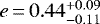 Mathematical equation: $e\,{=}\,0.44^{+0.09}_{-0.11}$