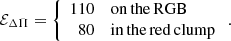 $$ \begin{aligned} \mathcal{E} _{\Delta \Pi }= \left\{ \begin{array}{rl} 110&\mathrm{on\,the\,RGB} \\ 80&\mathrm{in\,the\,red\,clump} \end{array} \right. .\end{aligned} $$