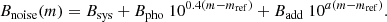 $$ \begin{aligned} B_{\rm noise}(m) = B_{\mathrm{sys} }+ B_{\rm pho}\ 10^{0.4(m-m_{\rm ref})} + B_{\rm {add}}\ 10^{a(m-m_{\rm ref})}. \end{aligned} $$