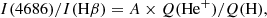 $$ \begin{aligned} I(4686)/I(\mathrm{H}\beta ) = A \times Q(\mathrm{He}^+)/Q(\mathrm{H}), \end{aligned} $$