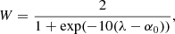 Mathematical equation: $$ \begin{aligned} W = \frac{2}{1+\mathrm{exp}(-10(\lambda -\alpha _0))}, \end{aligned} $$