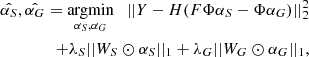 Mathematical equation: $$ \begin{aligned} \hat{\alpha _S},\hat{\alpha _G} = \underset{\alpha _S, \alpha _G}{\mathrm{argmin} } \quad ||Y-H(F\Phi \alpha _S-\Phi \alpha _G)||_2^2 \\ \quad +\lambda _S||W_S\odot \alpha _S||_1 +\lambda _G||W_G\odot \alpha _G||_1, \nonumber \end{aligned} $$