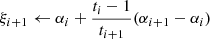 Mathematical equation: $ \xi_{i+1} \gets \alpha_{i}+\frac{t_{i}-1}{t_{i+1}}(\alpha_{i+1}-\alpha_{i}) $
