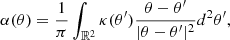 Mathematical equation: $$ \begin{aligned} \alpha (\theta ) = \frac{1}{\pi }\int _{\mathbb{R} ^2}\kappa (\theta ^\prime )\frac{\theta - \theta ^\prime }{|\theta - \theta ^\prime |^2}{d}^{2}{\theta }^\prime , \end{aligned} $$