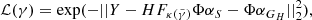 Mathematical equation: $$ \begin{aligned} \mathcal{L} (\gamma )=\mathrm{exp}(-||Y-HF_{\kappa (\tilde{\gamma })}\Phi \alpha _S-\Phi \alpha _{G_H}||_2^2), \end{aligned} $$