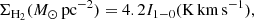 Mathematical equation: $$ \begin{aligned} \Sigma _{\mathrm{H}_2} (M_{\odot }\,\mathrm{pc}^{-2}) = 4.2 I_{1-0} (\mathrm{K\,km\,s^{-1}}) , \end{aligned} $$